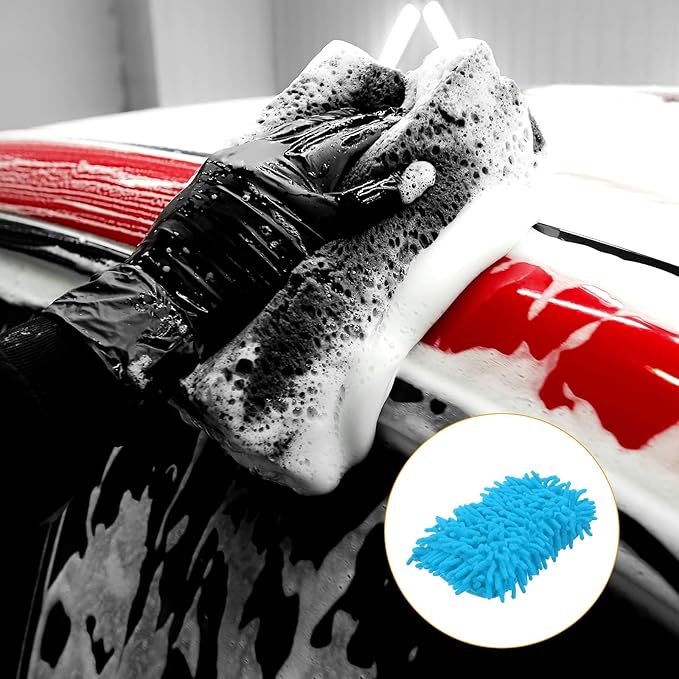 HARFINGTON Car Wash Sponge 8.7" x 4.3" Chenille Microfiber Mitt Scratch-Free Absorbent Scour Scrubber Cleaning Sponge for Washing Detailing on Cars, Trucks, SUV, Boats, RVs, Light Blue