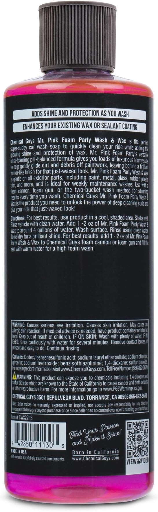 Chemical Guys CWS22116 Mr. Pink Foam Party Wash & Wax (Works with Foam Cannons or Bucket Washes) Safe for Cars, Trucks, SUVS, Motorcycles, RVs & More, (16 fl oz) Tangerine Scent