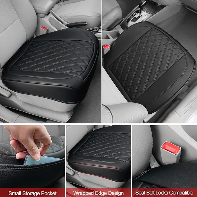 BEITK 1 Pack Leather Front Car Seat Cover Bottom Car Seat, Anti-Slip and Full Wrap Driver Car Seat Protectors, Luxury Waterproof Bottom Auto Seat Cushion Pad Mat for Most Vehicles(Black)