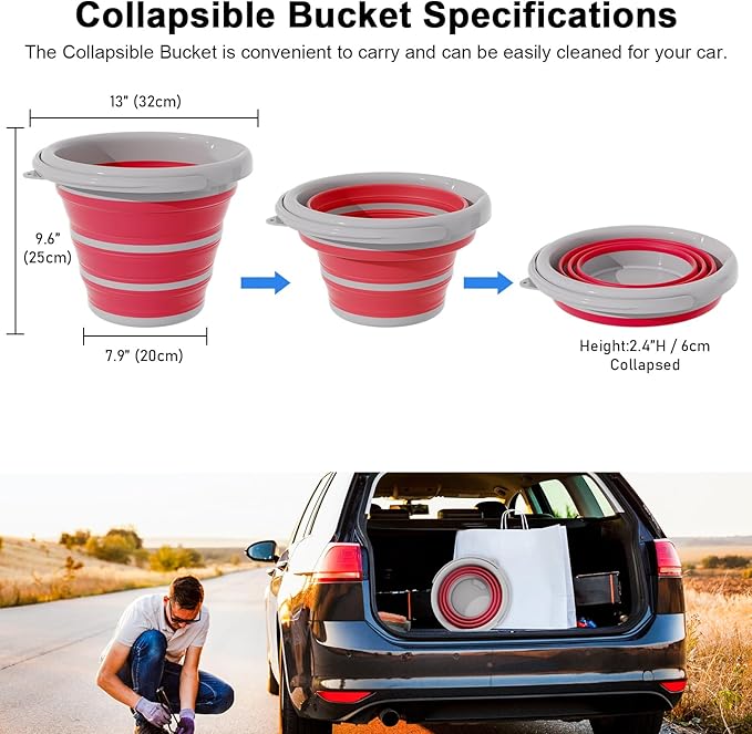 Collapsible Wash Bucket with Microfiber Mitt, 10L (2.6 Gallon) Portable Collapsiblle Bucket with Handle for Car Wash Household Cleaning, Multiuse Collapsibles Water Bucket and Car wash mitt - Pink