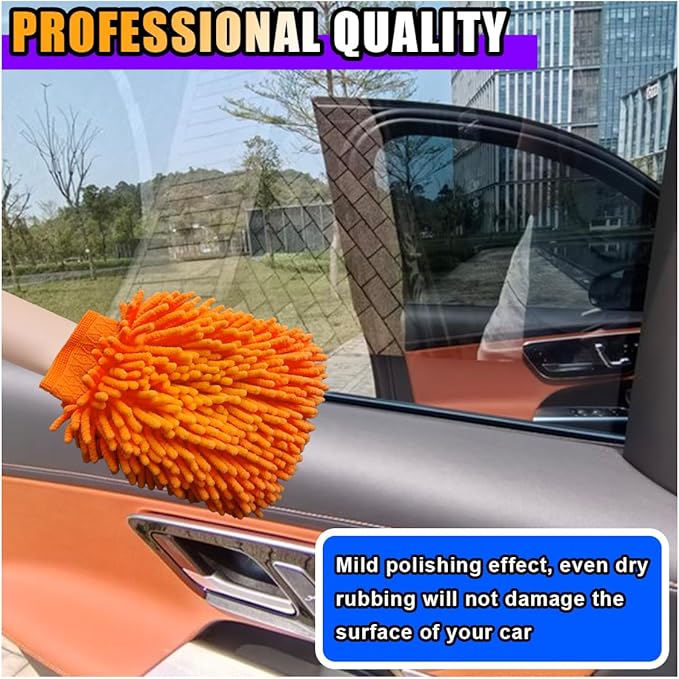 JOYCOURT 2PCS Microfiber Soft Chenille Car Wash Mitts, Scratch and Lint Free Car Dusting Glove, Double Sided Wash Mitt, Ultra Absorbent for Car Washing, Home Cleaning Mitt (Orange&Pink)