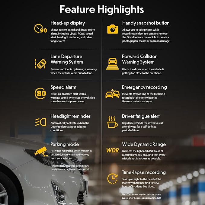 Transcend DrivePro Dash Cam Front and Rear, 2K QHD 1440P+1080P Full HD Car Cam/140°Wide-Angle/180°Rotatable Rear Lens/Night Vision Loop Recording/Head-Up Display/Wi-Fi/GPS GLONASS/ADAS/Support 1TB Max