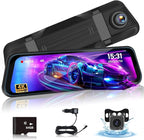9.66 Inch Rear View Mirror Camera - 4K Mirror Dash Cam Front and Rear with 1080P Rear Camera - Full Touch Screen Mirror Camera for Car with WiFi&APP Control Parking Monitor Night Vision + 64GB Card