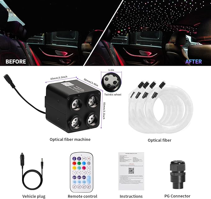 36W 4-Color RGBW Car Starlight Headliner Kit, 1800pcs0.03in13.1ft, Twinkle & Sound Activate 4-Port Fiber Optic Light Engine with Bluetooth APP&Remote Control, Star Lights for Car and Home