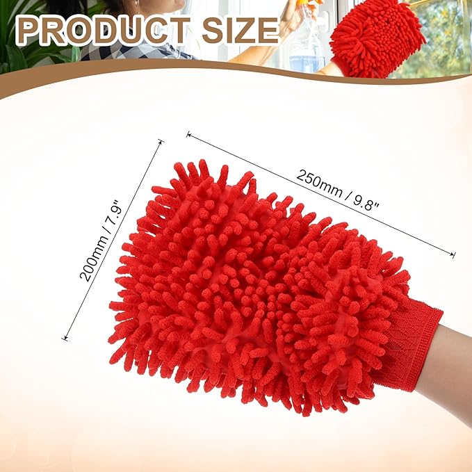HARFINGTON 2pcs Chenille Microfiber Car Wash Mitts 9.8" x 7.9" Scratch Free Wash Gloves Absorbent Double Sided Plush Cleaning Drying Mitts for Car Washing Home Red