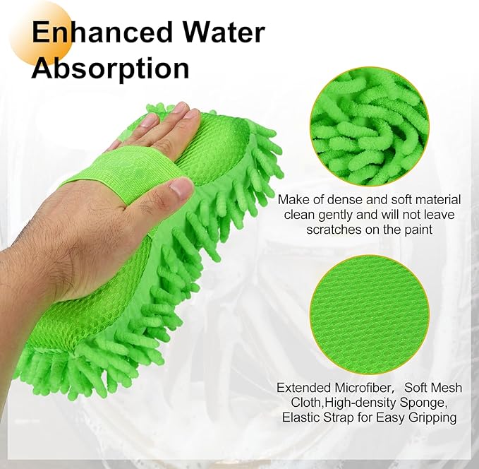 HARFINGTON 2pcs Car Wash Sponge 8.7" x 4.3" Chenille Microfiber Mitt Scratch-Free Absorbent Scour Scrubber Cleaning Sponge for Washing Detailing on Cars, Trucks, SUV, Boats, RVs, Green