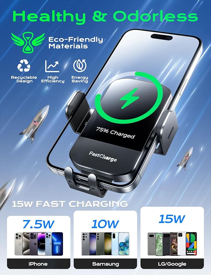 CHGeek Wireless Car Charger, 15W Fast Charging Auto Clamping Phone Holders Phone Mount fit for iPhone 17 16 15 14 13 12 Pro Max 11 XR XS, Samsung Galaxy S25 Ultra S24 S23, Black