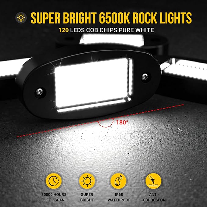 Hovano 16 Pods COB White Rock Lights, 120 COB Chips 6500K Pure White Super Bright Neon Underglow, IP68 Waterproof Shockproof Off-Road Light Kit for Pickup Trucks, SUV, UTV, ATV, RZR, Cars Boats