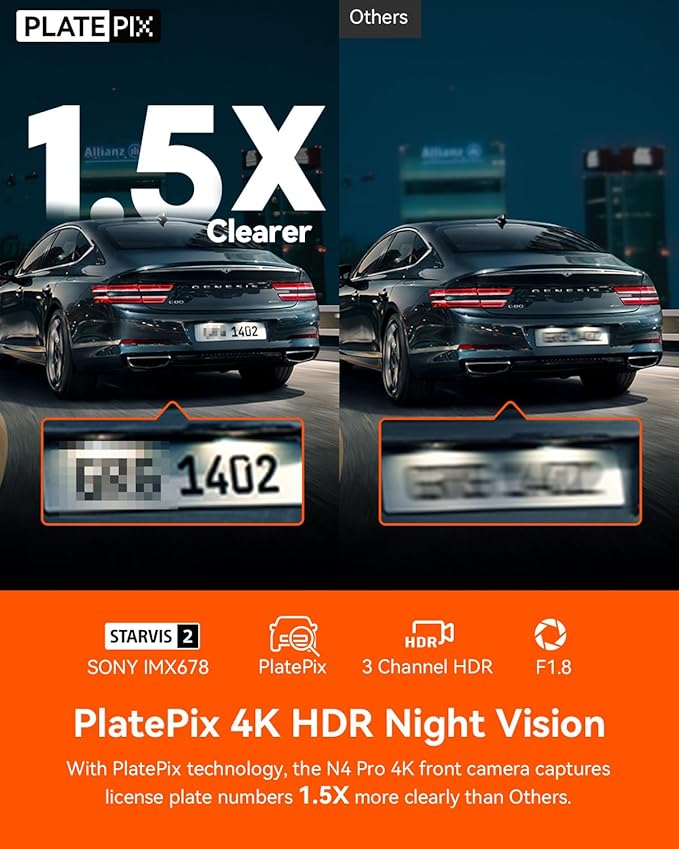 Vantrue N4 Pro 4K 3 Channel Dash Cam,STARVIS 2 IMX678 x PlatePix™ x HDR Night Vision, 4K+1080P+1080P Front Inside and Rear Dash Camera, Voice Control, WiFi, GPS (Renewed)