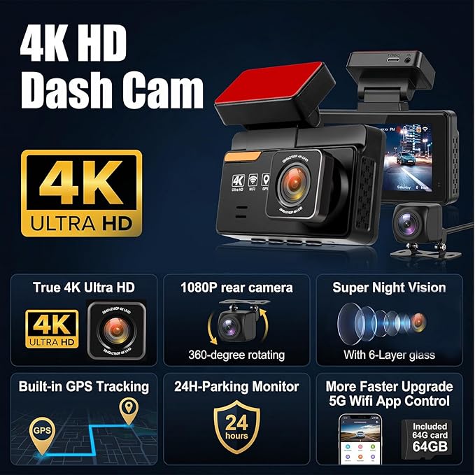 SIXTOP 4K Dash Cam Front and Rear, WiFi 4K+1080P Dual Dash Camera for Cars, 64G Card, GPS, 3” IPS Screen BSD/ADAS/LCA Night Vision G-Sensor Loop Recording 24H Parking Monitor App Control Wide Angle