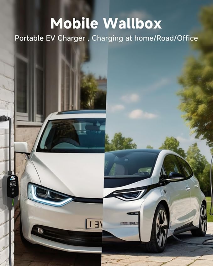 EVDANCE Level 1 & 2 EV Charger, 16A 110-240V Portable Electric Car Charger with 25ft Cable, Adjustable Current, Delayed Start, LED Screen, Universal EV Charger Compatible with All J1772 EVs