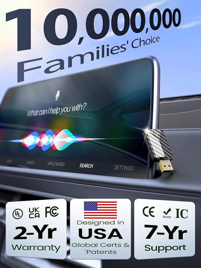 Ultral Mini Wireless CarPlay Adapter for Apple iPhone - Plug & Play, No Lantency, Converts Wired to Wireless Car Play Dongle, Fast Stable for Cars 2016+ with Apple CarPlay Carbon