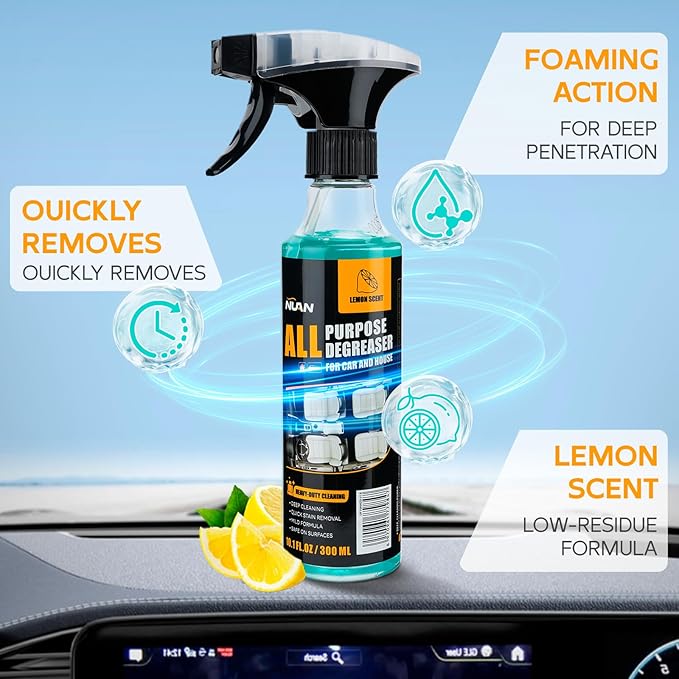 NUAN All Purpose Degreaser for Car and House, Lemon Scent, Heavy-Duty Cleaning Spray, Quick Stain Removal, 10.1 fl oz/300 ML