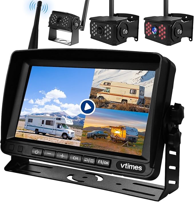3-Camera Wireless RV Backup System, RV Backup Camera Wireless with 7'' HD Monitor for Truck, 4 Channels Split Screen, BSD Alert, 984FT Signal Range, IP69K Waterproof IR Night Vision, DIY Guide Lines