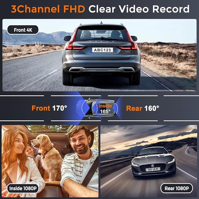 4K Dash Cam, Dash Camera Front Inside Rear, WiFi Dashcam for Cars with 64G Card, 3.16" IPS Screen, Night Vision, WDR 24H Parking Mode, G-Sensor, Loop Recording, 170° Wide Angle, APP Control