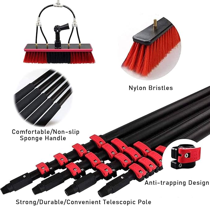 Extendable Window Cleaning Brush Kit with 35cm Brush Head, 10M Hose Pole for Solar Panel & Conservatory Roof Cleaning, Efficient Water Fed Tools for Easy Window Care