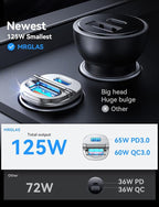 MRGLAS 125W USB C Car Charger, [Mini & Metal] USB C Car Charger Adapter Fast Charging PD65W & QC60W Dual Port Type C Cigarette Lighter USB Charger for iPhone 16 15 Pro Max S25 MacBook-Silver Gray