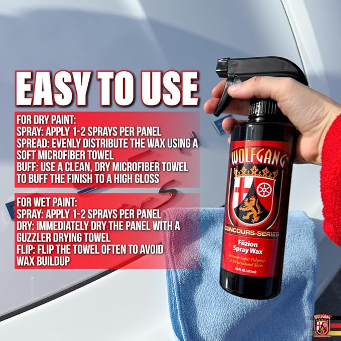 Wolfgang Fuzion Spray Wax | Brazilian Carnauba & Advanced Polymers for Deep 3D Gloss | Quick Spray-On Protection for Dry or Wet Paint | Enhances Shine & Adds Hydrophobic Seal | 16 oz