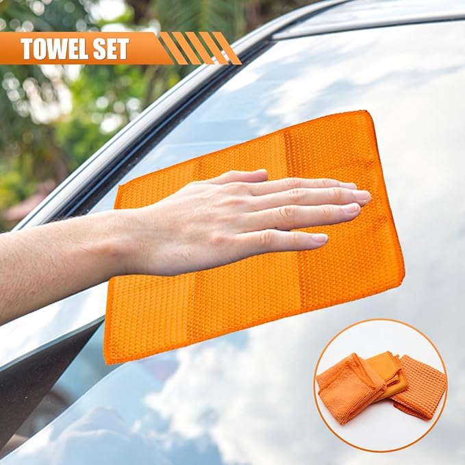 Craedli 9PCS Car Wash Detailing Tool Kit, Car Wash Mitt, Microfiber Cloths, Cleaning Sponge, Wheel Brush, Wax Applicator Pad, Universal Auto Interior & Exterior Cleaning Supplies (Orange)