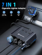 7 in 1 Cigarette Lighter Splitter, SONRU 180W (max 192W) 3-Socket Car Cigarette Lighter Adapter with Dual PD 36W/QC3.0 Fast Charging (3.7FT Cable) 12V/24V Independent Switches & LED Voltage Display