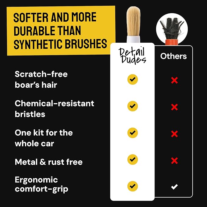 Detail Dudes Car Detailing Brush Set 9-pc - Boars Hair Brushes Plus Wheel Cleaner, Tire Brush and Dressing Applicator - Car Cleaning Kit for Leather Seats, Dashboards, Wheels, Grills and Paint