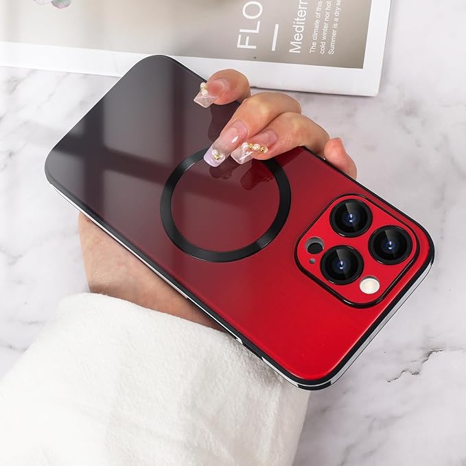 Guppy Compatible with iPhone 15 Pro Case Magnetic, with Full Camera Lens Protector [Compatible with MagSafe] Scratch Resistant Gradient Glass Back Cover Phone Case-Red