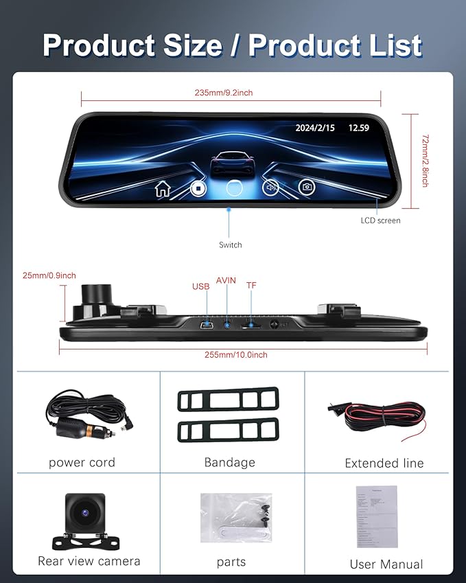 2025 9.66" 1080P Rear View Mirror Camera Front and Rear Dash Cam for Cars & Trucks - G-Sensor, Reverse Assist, GPS Tracking, WDR & HDR Night Vision, 64GB Card