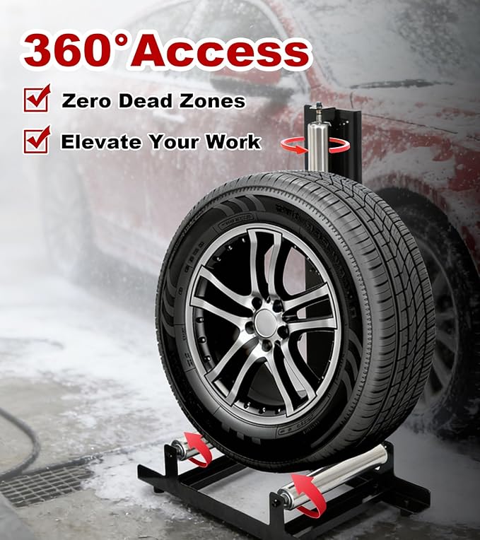 360° Rolling Wheel Detailing Stand, Heavy Duty Steel Wheel Cleaning Stand for Tire, Rim Polishing, Ceramic Coating, Car & Motorcycle Wheel Roller Stand