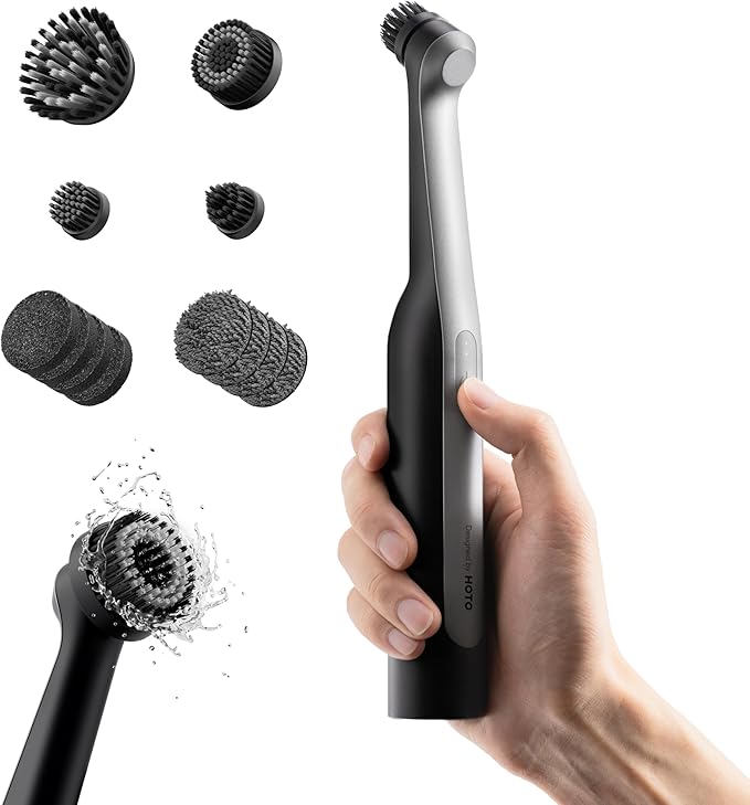 HOTO Wand™ Cordless Spin Scrubber, Electric Rechargeble Grout Cleaning Brush, IPX7 Waterproof Bathroom Scrubber, 12 Replaceable Brush Heads Version Power Scrubber for Grout, Tiles, Corners, Crevices