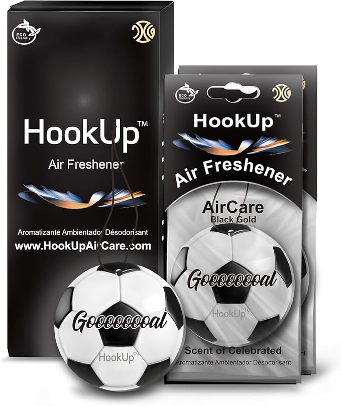 Soccer Car Air Freshener by HookUp - 2 Pack - Black Gold Scent (Extra Strong) | Unique Soccer Gift for Players, Coach, Fans | Hanging Car Accessory with Long Lasting Fresheners Smell