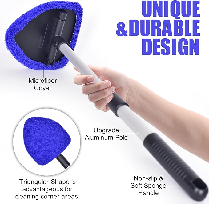 Windshield Cleaner, Car Windshield Cleaning Tool with 3 Reusable and Washable Microfiber Pads and Extendable Handle Microfiber Car Window Cleaner