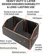 Owleys Sedan Trunk Organizer 17.7" Storage Tote For Groceries, Tools & Travel Gear - Foldable Eco-Leather Car Crate With Magnetic Lid | Stylish Presents For Drivers | Black-Brown (Hexy 17)