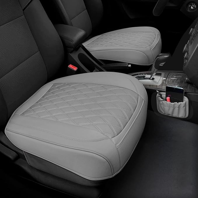 2 Pack PU Leather Front Car Seat Cover Bottom Car Seat, Anti-Slip and Full Wrap Driver Car Seat Protectors with Storage Pocket, Luxury Waterproof Bottom Auto Seat Cushion Pad for Most Vehicles(Gray)