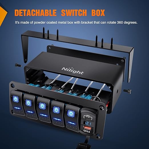 Nilight 5 Gang Rocker Switch Box 12V SPST ON Off Switches PD Type C and QC 3.0 USB Charger Voltmeter Waterproof Aluminum Panel DIY Stickers for Boats Cars RVs Trucks