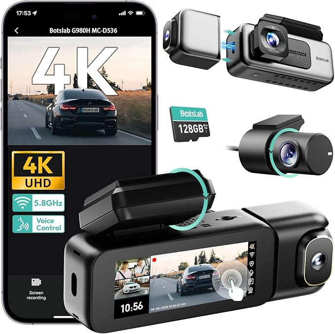 BOTSLAB 3 Channel Dash Cam 4K with 128GB Card, 3.18" Touch Screen, Voice Control, 4K Dash Cam Front and Rear Inside Loop Recording, 5.8GHz WiFi, GPS, Night Vision, WDR, Parking Mode