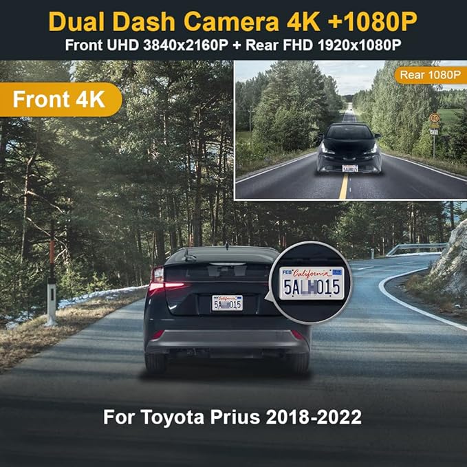 Fitcamx Front 4K+Rear 1080P Dash Cam Adapts for Toyota Prius 2018-2022 (Part No#86466-47021) 4th Gen/XW50, OEM Factory Look, Dual HD Video, WiFi & APP, Loop Recording G-Sensor, Easy to Use, 128GB Card