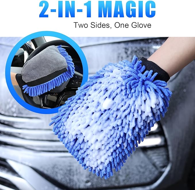 Premium Car Wash Drying Mitt, 2-in-1 Dual-Side Chenille Microfiber Gloves for Auto Detailing, Car Sponge Wrapped in Soft, Machine Washable (2Pack) (Blue)