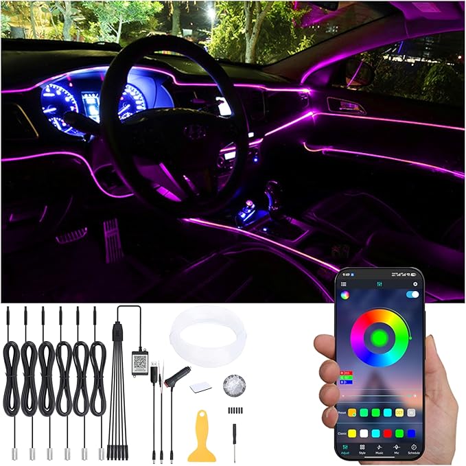 Car Interior Strip Lights, 6 in 1 Multicolor RGB Car Ambient Lighting Kit, 8m Fiber Optic EL Neon Tube Light, DIY Mode Music Sync APP Control DC 12V