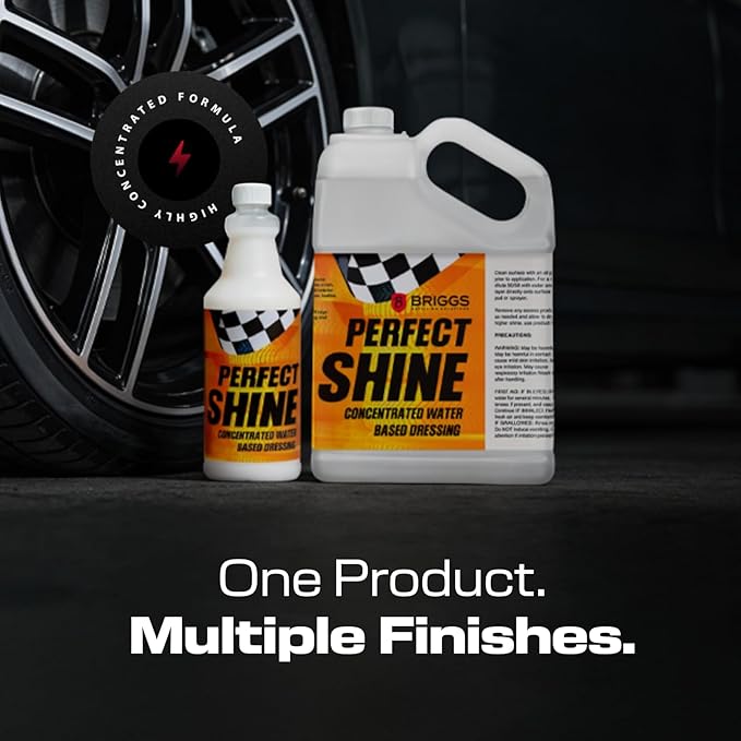 Tire Shine & Tire Dressing – Water Based Dressing for Tires, Vinyl, Rubber, Plastic & Leather – Briggs Perfect Shine, Concentrated & Dilutable Formula, Natural to High Gloss Finish – 34oz