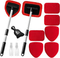 Qydipclin 11pcs Windshield Cleaner Tool, Car Window Cleaning Wash Kit with 6 Reusable Microfiber Pads 2 Spray Bottles and Extendable Handles Auto Glass Wiper Kit, Red