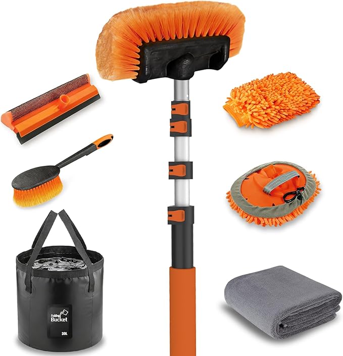 LAANPOLE 16FT Car Wash Brush with Long Handle, Car Cleaning Kit with Soft Bristle Wash Brush, Microfiber Cleaning Mop, Window Squeegee, Mitt, Wheel Brush, Bucket, Drying Towel for RV, Truck, Boat