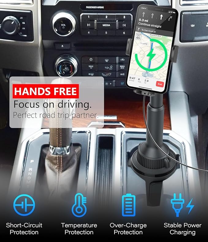 APPS2Car 15W Qi Wireless Car Charger Cup Phone Holder, Fits 3"–4" Round Cup Holders, Adjustable Long Arm & 360° Rotation, Compatible with iPhone 17 16 15 14 13 Pro Max