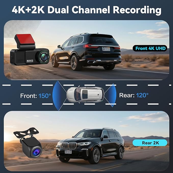 SIXTOP 4K Dash Cam Front and Rear, 4K+2K Dual Dash Camera for Cars, ADAS, 5.8GHz WiFi GPS 64GB Card Included, Night Vision, 3.16'' IPS Screen G-Sensor 24H Parking Mode Loop Recording Wide Angle