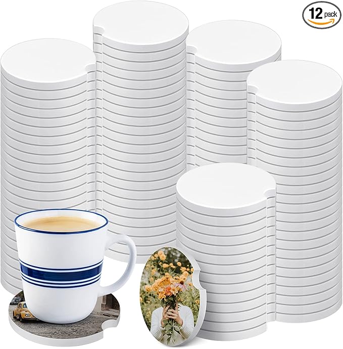 Frienda Ceramic Car Sublimation Blanks Cupholders Sandstone for Car Cup with Finger Notch for Easy Removal Ceramic Auto Cupholder Keep Vehicle from Cold Drink Sweat Stain Spill(12 Pieces)