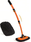 43'' Car Wash Brush with Long Handle Chenille Microfiber Car Wash Kit Mitt Retractable Bent Pole Car Wash Mop for Cars RV Truck Boat (Orange-1)