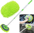 2 in 1 Chenille Microfiber Car Wash Mop Mitt with 46" Aluminum Alloy Long Handle,Car Cleaning Kit Brush Duster,Scratch Free Cleaning Tool Dust Collector Supplies, 2Pcs Mop Head(Green)