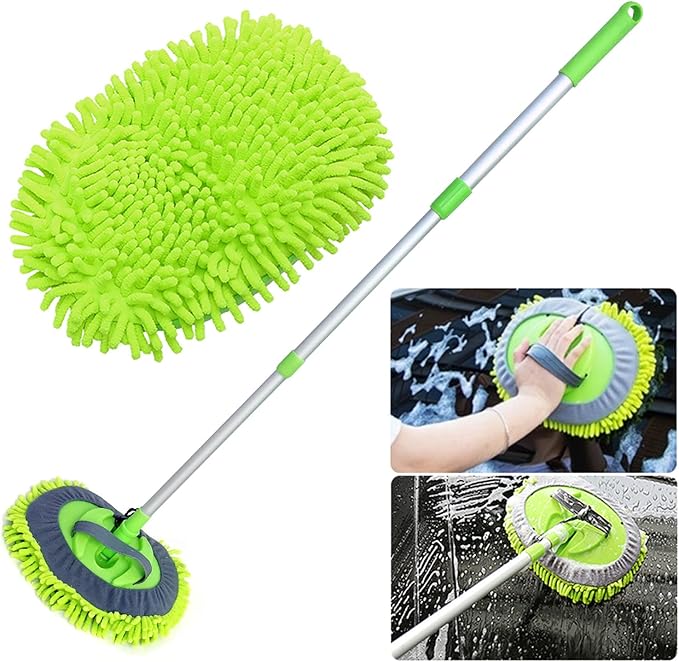 2 in 1 Chenille Microfiber Car Wash Mop Mitt with 46" Aluminum Alloy Long Handle,Car Cleaning Kit Brush Duster,Scratch Free Cleaning Tool Dust Collector Supplies, 2Pcs Mop Head(Green)