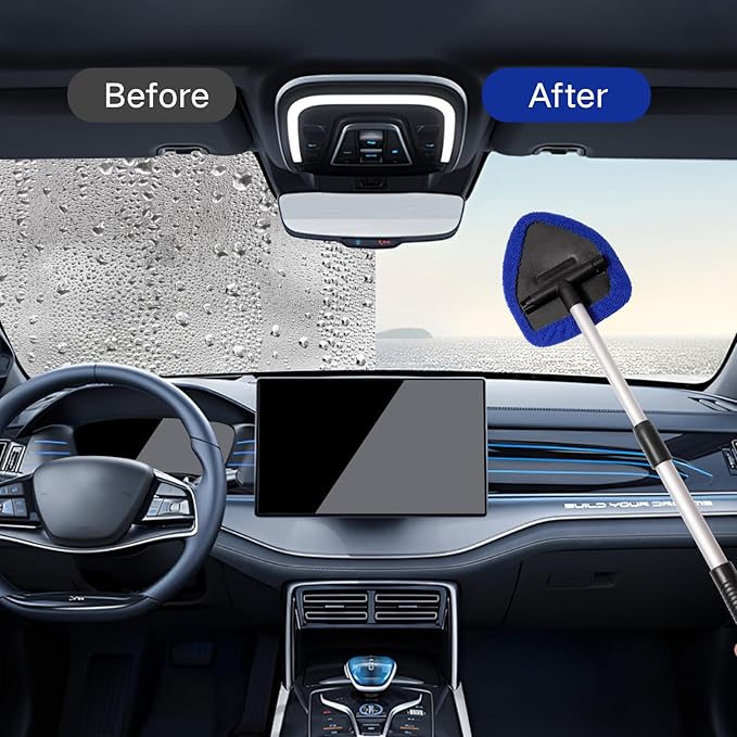 Qydipclin 7pcs Windshield Cleaner Tool Car Window Cleaning Wash Kit with 4 Reusable Microfiber Pads 1 Spray Bottle and Extendable Handle Auto Glass Wiper Kit, Blue&Gray