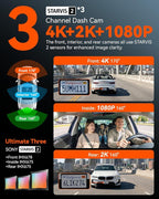IIWEY 4K Dash Cam 3 Channel, Triple STARVIS 2 Sensors (IMX678 Front, IMX675 Cabin & Rear), 4K+2K+1080P HDR, Night Vision 3.0, PlateTag AI for Plate Clarity, 5GHz WiFi, GPS, Parking Mode, 128GB Card In