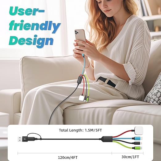 Travel Essentials 4-in-2 Multi Charging Cable with iWatch Charger, 2Pack 5FT Nylon Charging Cords, USB C/USB A Phone Charger Cord for iPhone 17-5, iPad, Galaxy S25-S21, Cruise/Car/Home Use